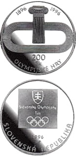 Image of 200 crowns coin - The centenary of the first Olympic Games in modern times and the first participation of the Slovak Republic at the Summer Olympics | Slovakia 1996.  The Silver coin is of Proof, BU quality.