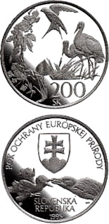 Image of 200 crowns coin - The European Nature Conservation Year | Slovakia 1995.  The Silver coin is of Proof, BU quality.