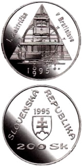 Image of 200 crowns coin - The centenary of the opening of the first tramway in Slovakia, in Bratislava | Slovakia 1995.  The Silver coin is of Proof, BU quality.