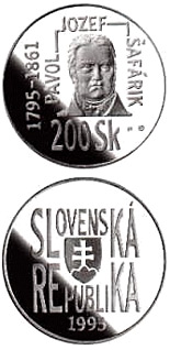 Image of 200 crowns coin - The 200th anniversary of the birth of Pavol Jozef Safarik | Slovakia 1995.  The Silver coin is of Proof, BU quality.