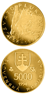 Image of 5000 crowns coin - The 1,100th anniversary of the death of Svatopluk, Ruler of Great Moravia | Slovakia 1994.  The Gold coin is of Proof quality.