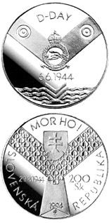 Image of 200 crowns coin - The 50th anniversary of the Allied invasion in Normandy and the 50th anniversary of the Slovak national uprising against Fascism | Slovakia 1994.  The Silver coin is of Proof, BU quality.