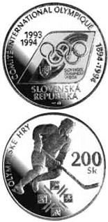 Image of 200 crowns coin - The centenary of the establishment of the International Olympic Committee and the first participation of the Slovak Republic in the Olympic Games | Slovakia 1994.  The Silver coin is of Proof, BU quality.
