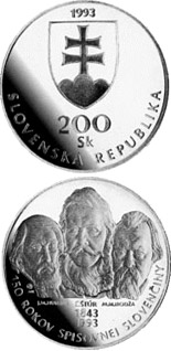 Image of 200 crowns coin - The 150th anniversary of the codification of standard written Slovak language | Slovakia 1993.  The Silver coin is of Proof, BU quality.