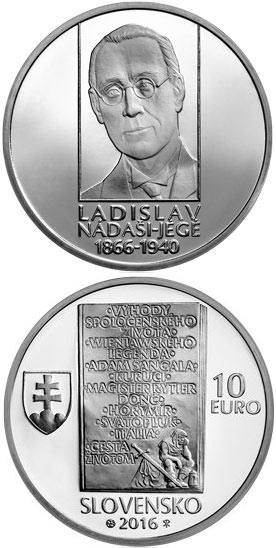 Image of 10 euro coin - 150th anniversary of the birth of Ladislav Nádaši-Jégé | Slovakia 2016.  The Silver coin is of Proof, BU quality.