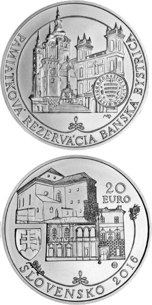 Image of 20 euro coin - Historical Preservation Area of Banská Bystrica | Slovakia 2016.  The Silver coin is of Proof, BU quality.