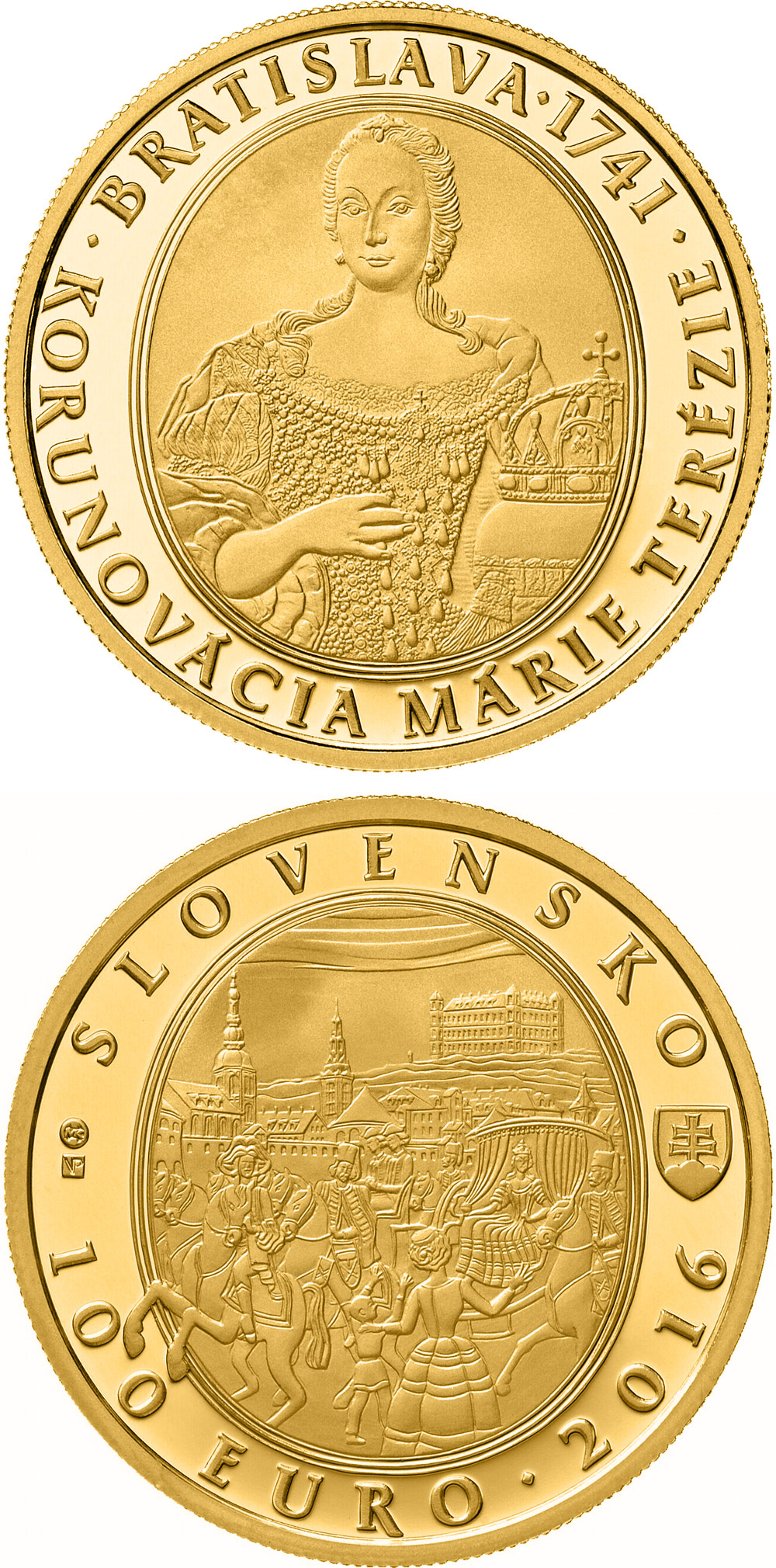 Image of 100 euro coin - Bratislava Coronations - 275th anniversary of the coronation of Maria Theresa | Slovakia 2016.  The Gold coin is of Proof quality.