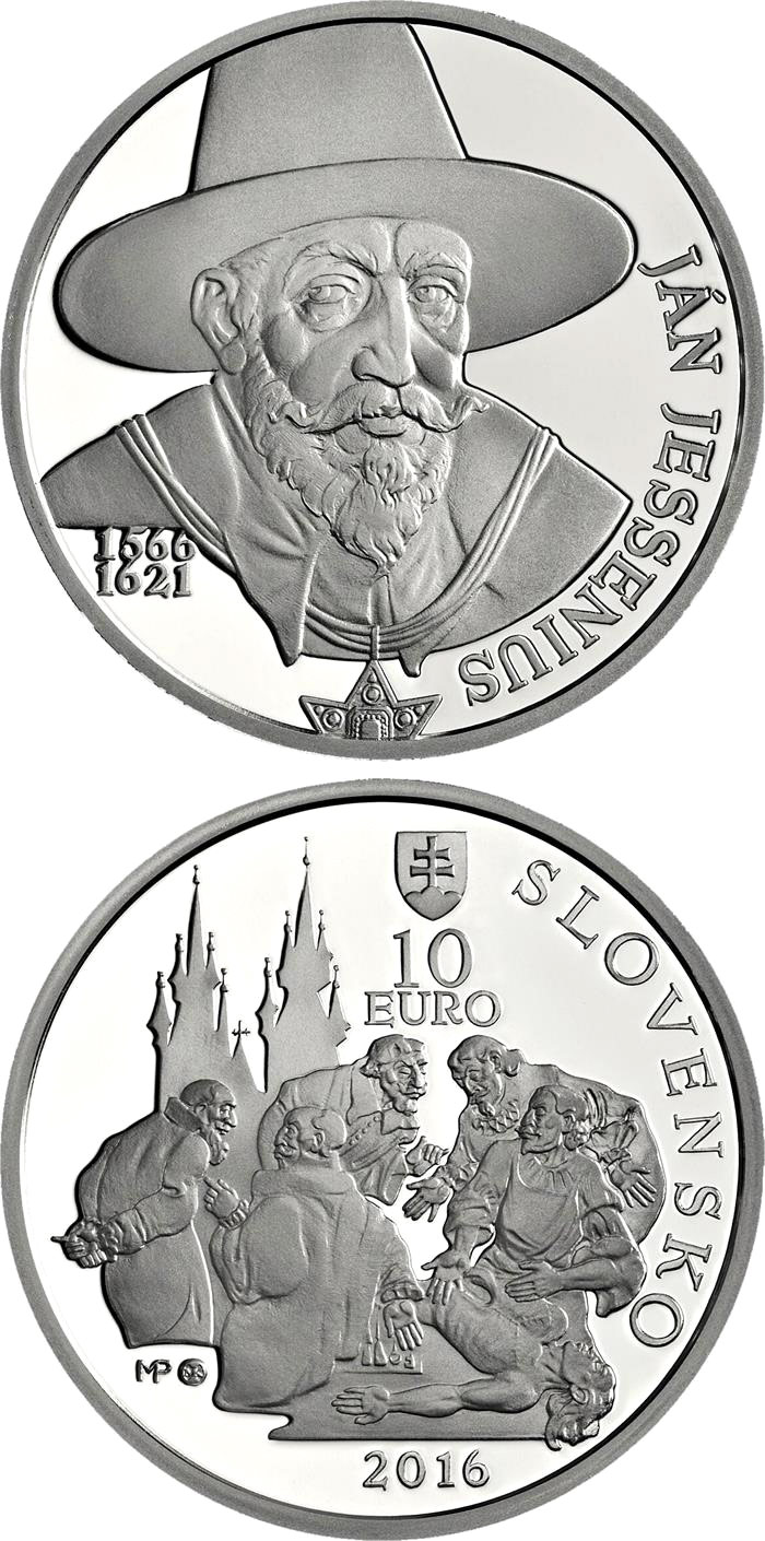 Image of 10 euro coin - 450th anniversary of the birth of Ján Jesenius | Slovakia 2016.  The Silver coin is of Proof, BU quality.