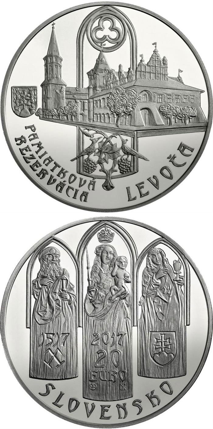 Image of 20 euro coin - Historical Preservation Area of Levoča and the 500th anniversary of the completion of the high altarpiece in St Jacob's Church | Slovakia 2017.  The Silver coin is of Proof, BU quality.
