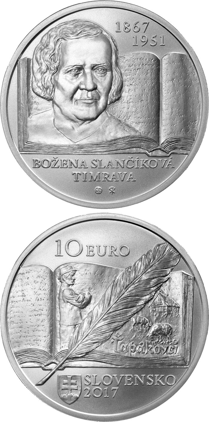 Image of 10 euro coin - 150th anniversary of the birth of Božena Slančíková-Timrava | Slovakia 2017.  The Silver coin is of Proof, BU quality.