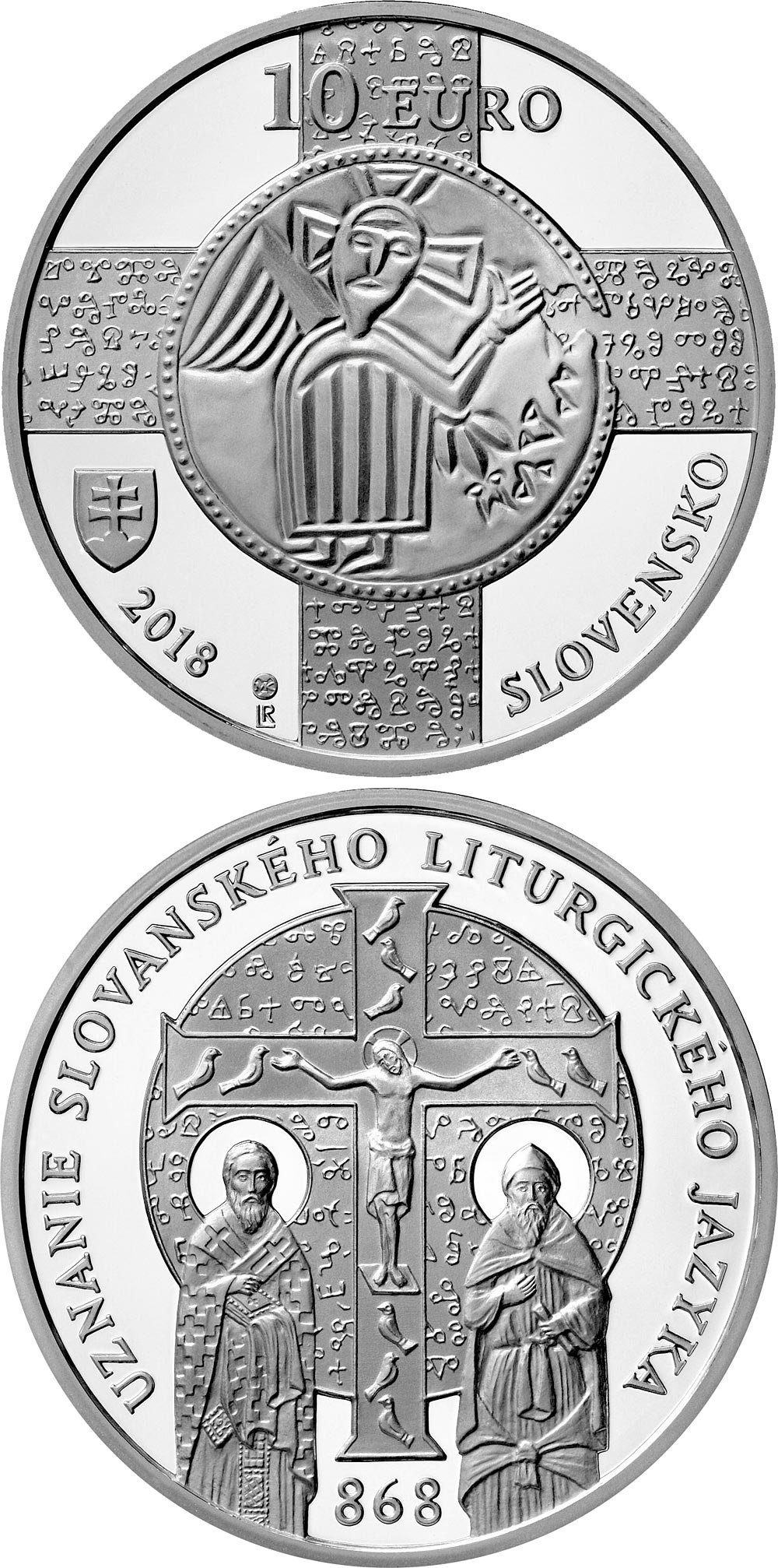 Image of 10 euro coin - 1150th anniversary of the recognition of the Slavonic liturgical language | Slovakia 2018.  The Silver coin is of Proof, BU quality.
