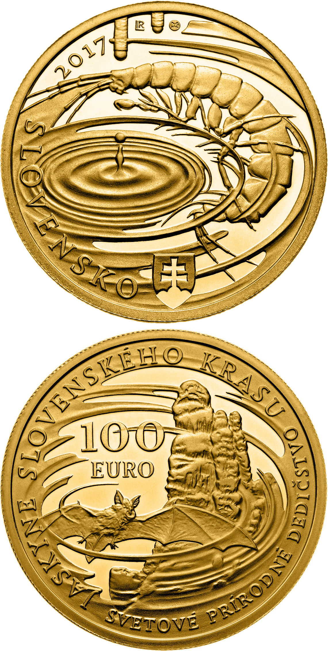 Image of 100 euro coin - World Natural Heritage - Caves of Slovak Karst | Slovakia 2017.  The Gold coin is of Proof quality.