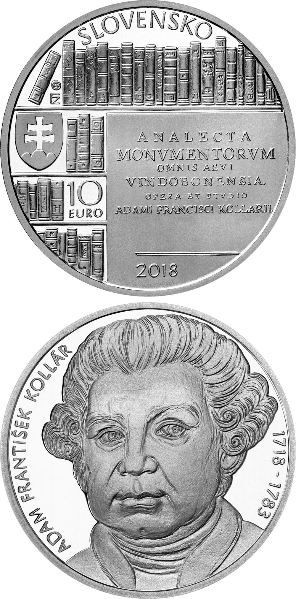 Image of 10 euro coin - 300th anniversary of the birth of Adam František Kollár | Slovakia 2018.  The Silver coin is of Proof, BU quality.