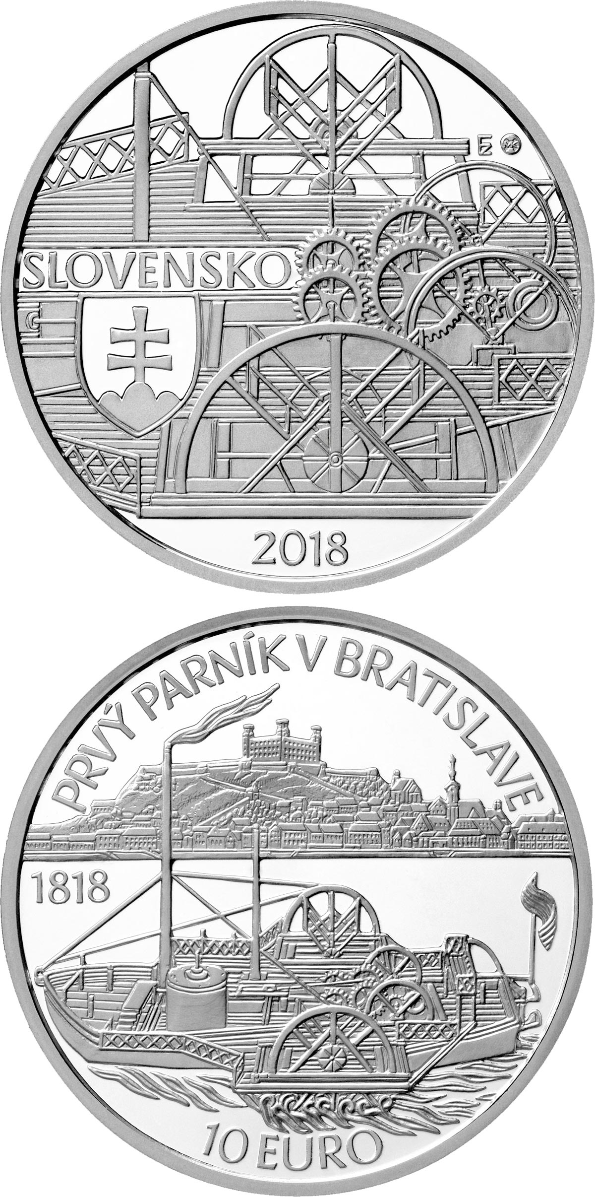 Image of 10 euro coin - Anniversary of the first sailing of a steamer on the Danube River in Bratislava | Slovakia 2018.  The Silver coin is of Proof, BU quality.