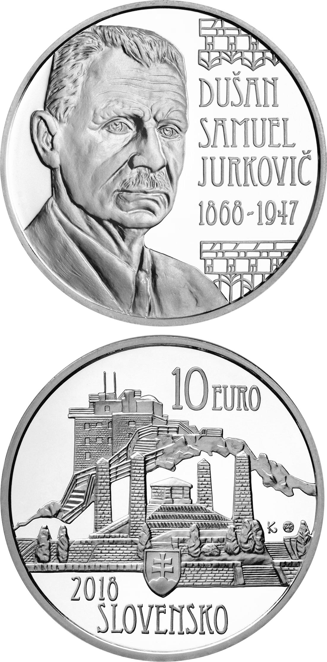 Image of 10 euro coin - 150th anniversary of the birth of Dušan Samuel Jurkovič | Slovakia 2018.  The Silver coin is of Proof, BU quality.