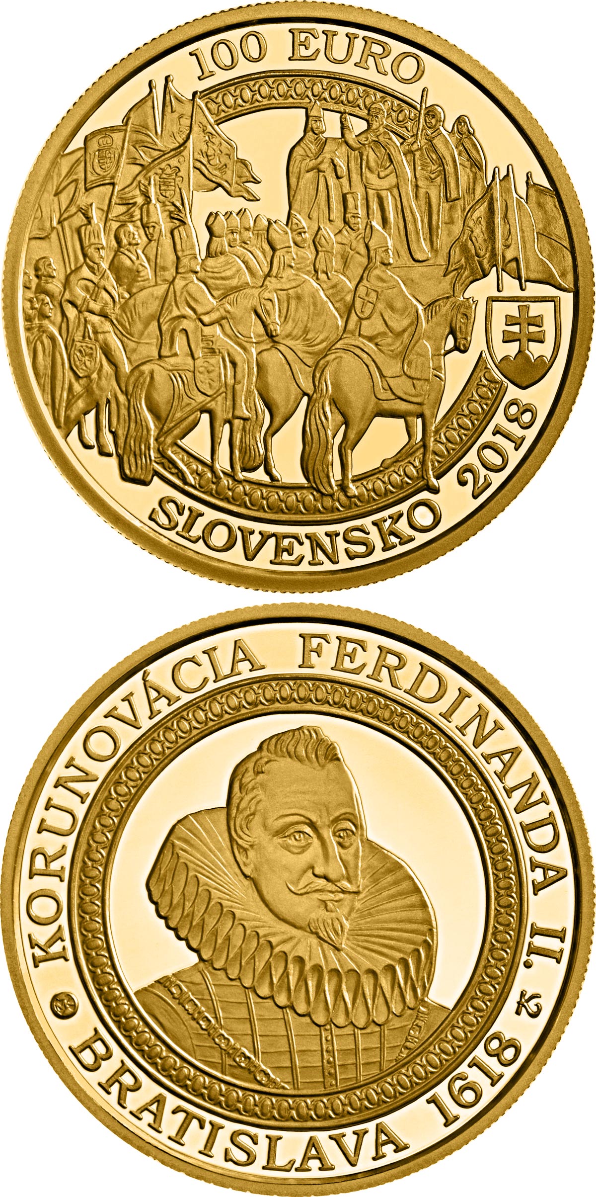 Image of 100 euro coin - Bratislava Coronations - 400th anniversary of the coronation of Ferdinand II | Slovakia 2018.  The Gold coin is of Proof quality.