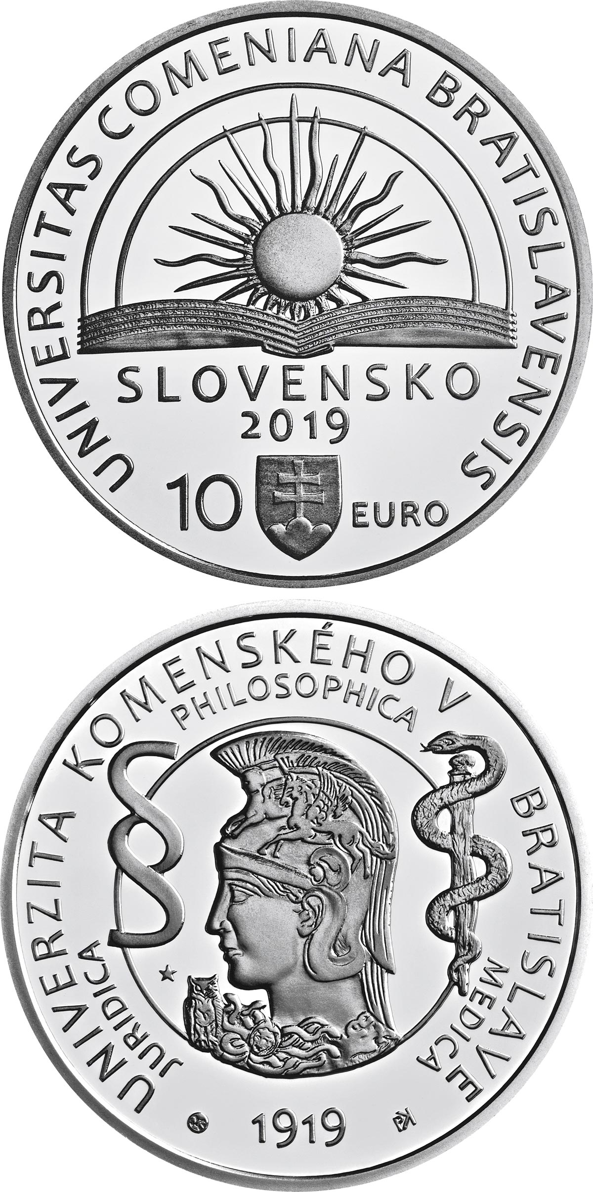 Image of 10 euro coin - 100th anniversary of the establishment of Comenius University in Bratislava | Slovakia 2019.  The Silver coin is of Proof, BU quality.