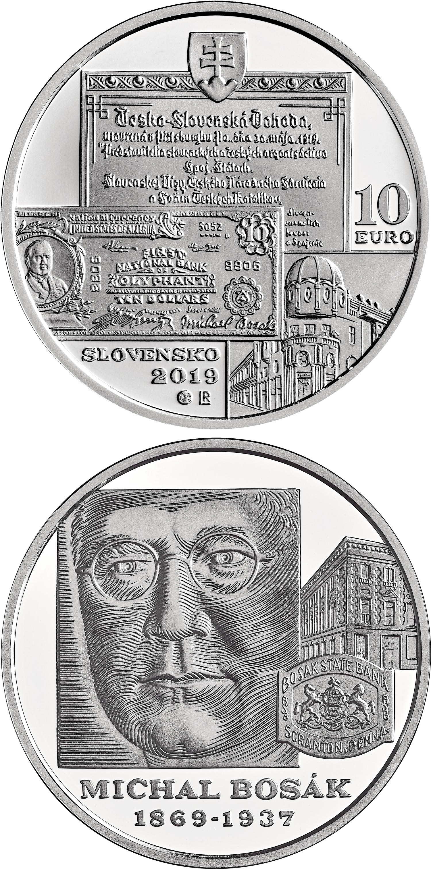 Image of 10 euro coin - 150th anniversary of the birth of Michal Bosák | Slovakia 2019.  The Silver coin is of Proof, BU quality.