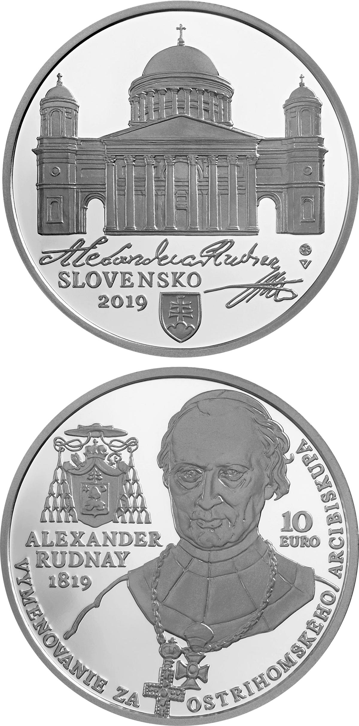 Image of 10 euro coin - 200th anniversary of the appointment of Alexander Rudnay as the Archbishop of Esztergom | Slovakia 2019.  The Silver coin is of Proof, BU quality.