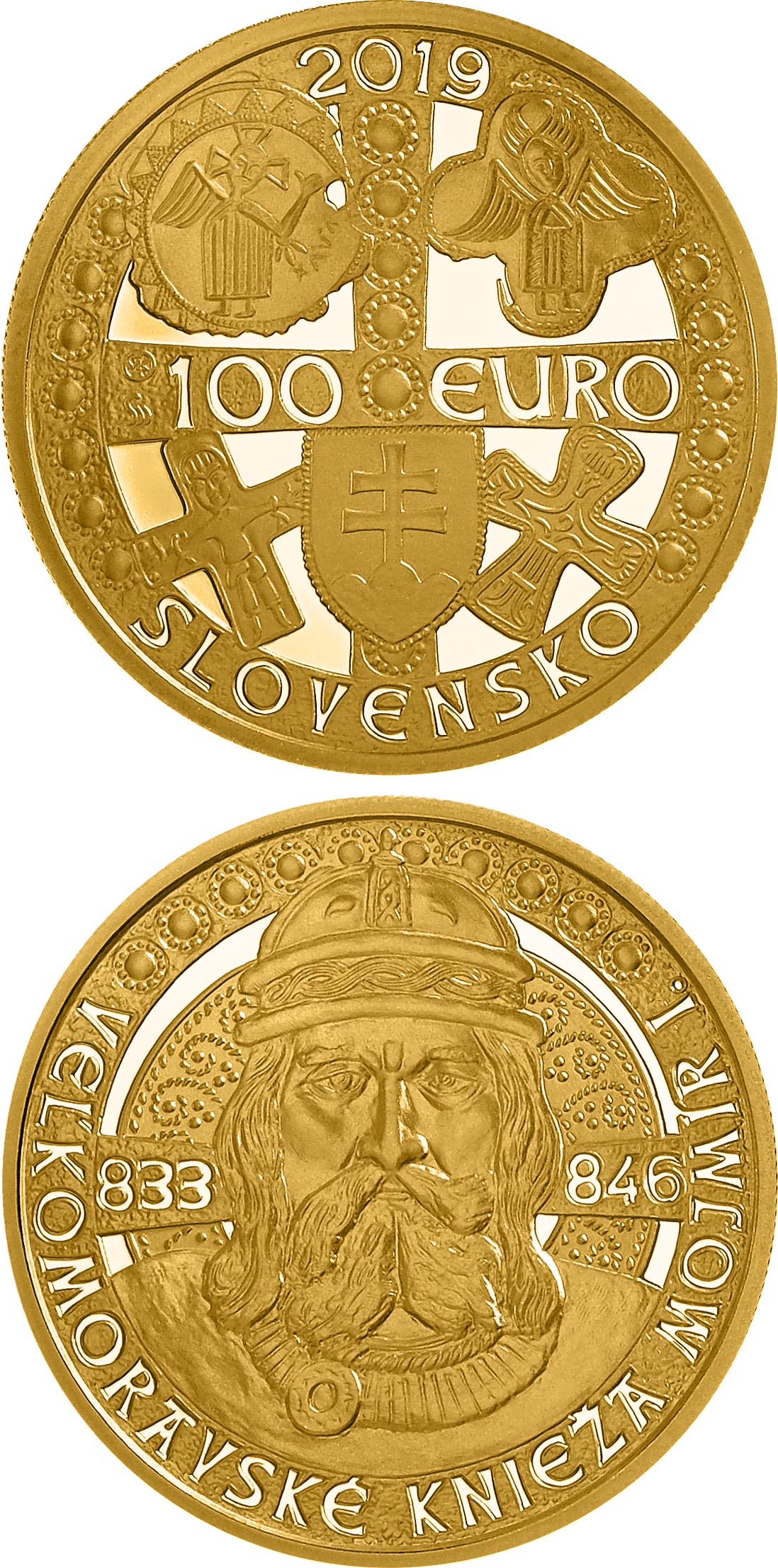 Image of 100 euro coin - Mojmir I, Ruler of Great Moravia | Slovakia 2019.  The Gold coin is of Proof quality.