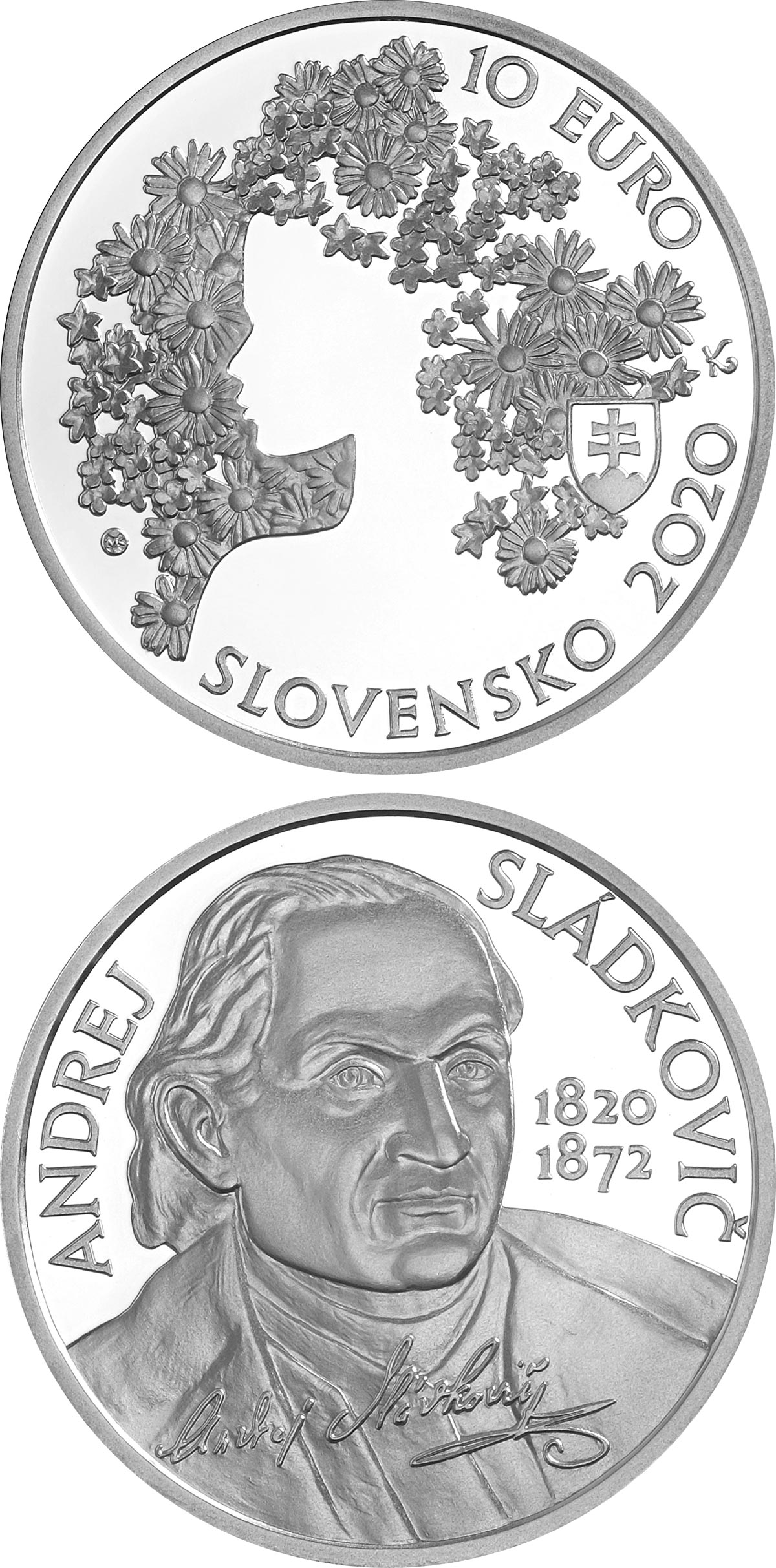 Image of 10 euro coin - 200th anniversary of the birth of Andrej Sládkovič | Slovakia 2020.  The Silver coin is of Proof, BU quality.