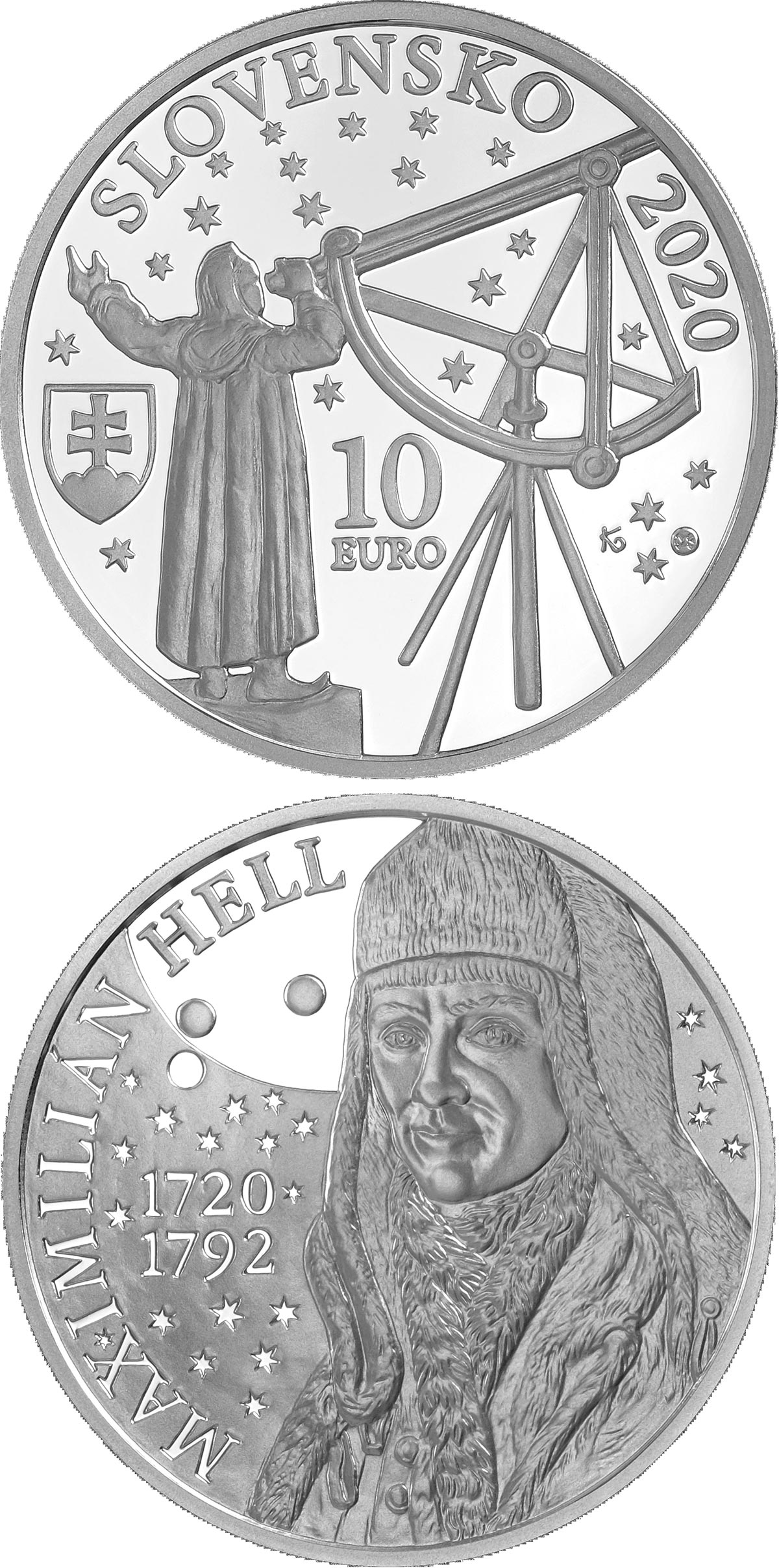Image of 10 euro coin - 200th anniversary of the birth of Maximilian Hell | Slovakia 2020.  The Silver coin is of Proof, BU quality.