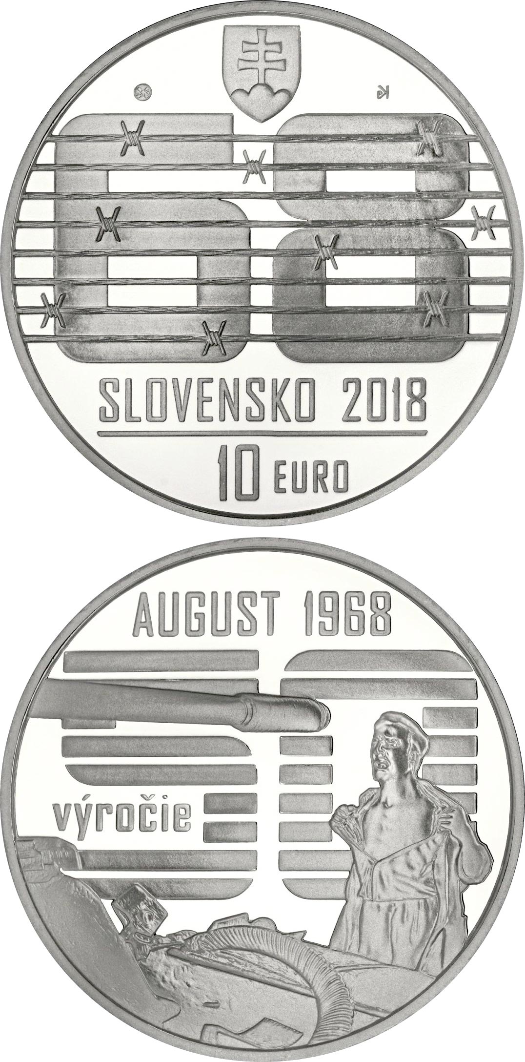 Image of 10 euro coin - Spontaneous, non-violent civic resistance to the Warsaw Pact invasion in August 1968 | Slovakia 2018.  The Silver coin is of Proof, BU quality.