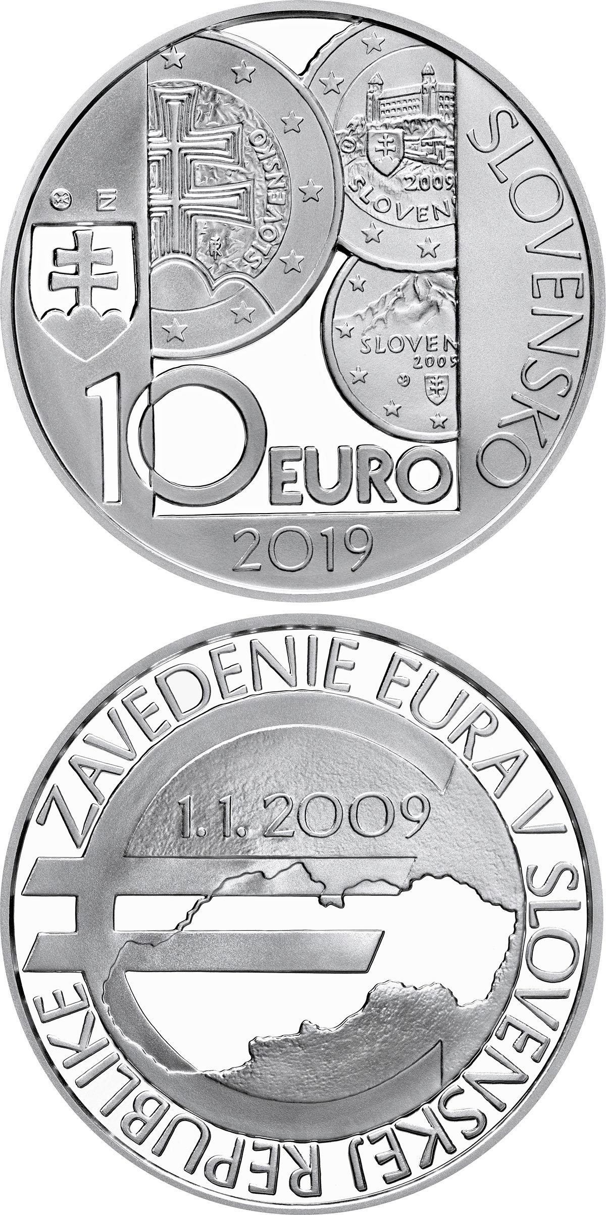 Image of 10 euro coin - 10th anniversary of the introduction of the euro in Slovakia | Slovakia 2019.  The Silver coin is of Proof, BU quality.
