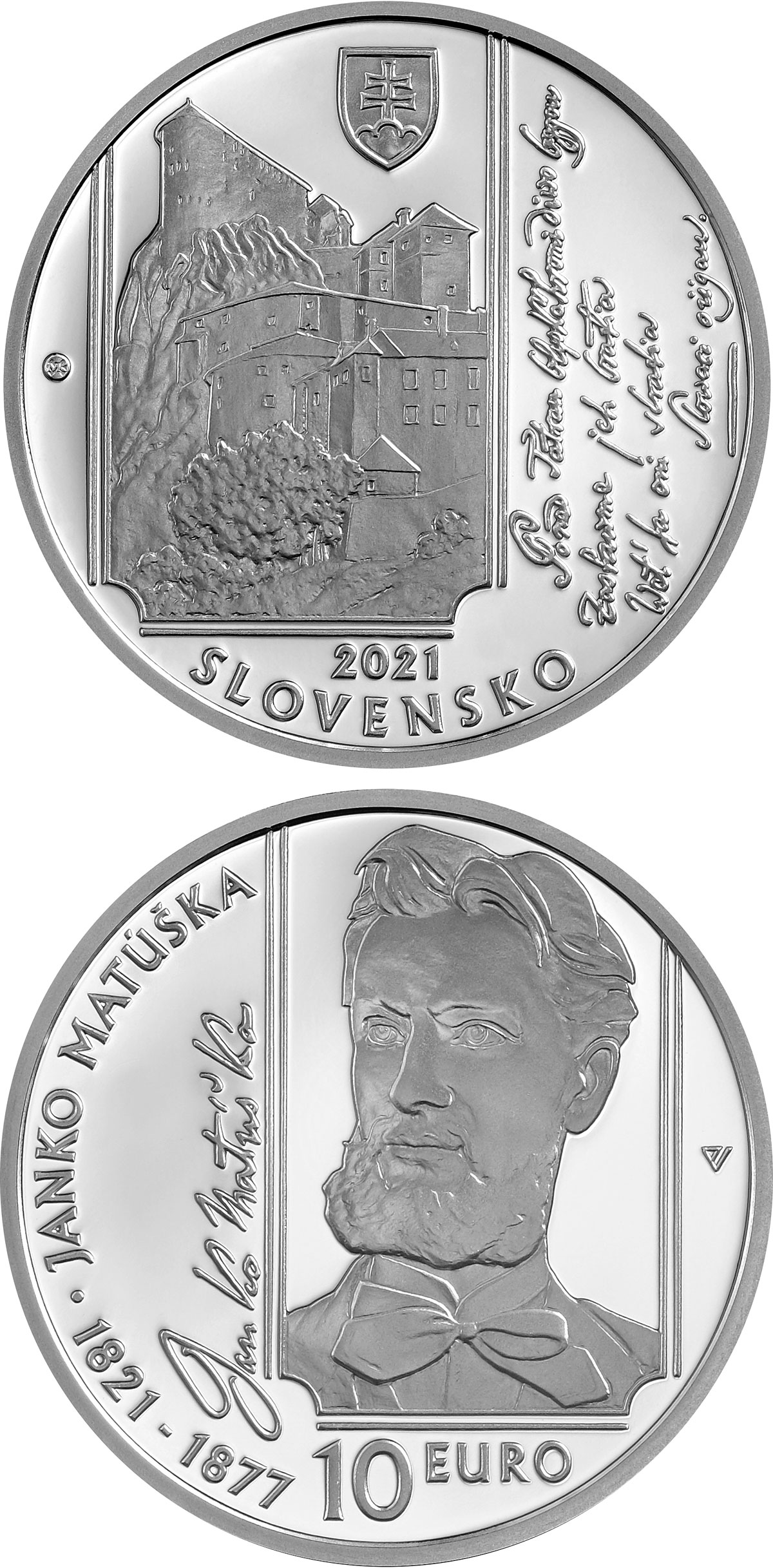 Image of 10 euro coin - 100th Anniversary of the Birth of Janko Matúška | Slovakia 2021.  The Silver coin is of Proof, BU quality.