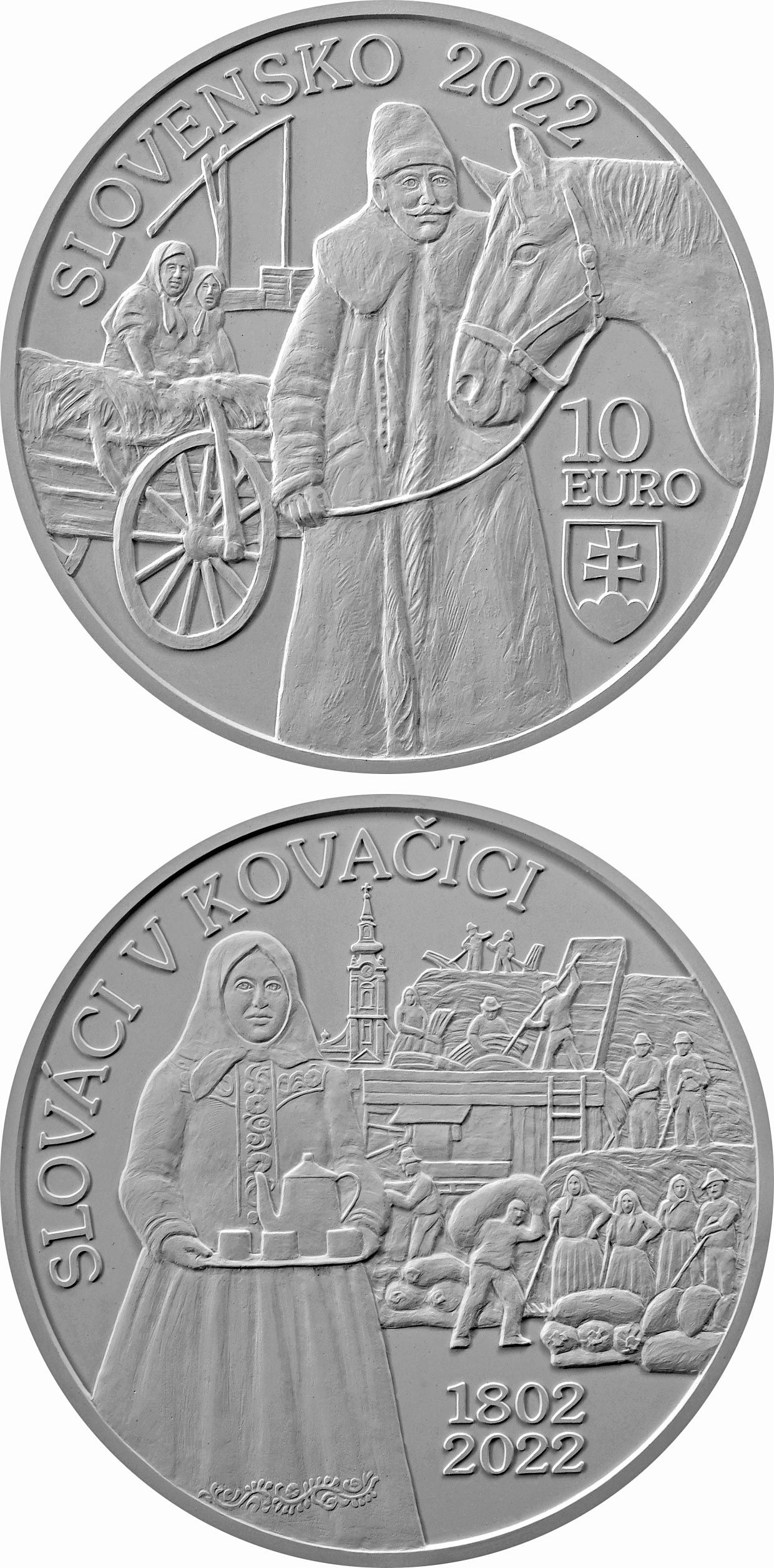 Image of 10 euro coin - 220th anniversary of the start of Slovak emigration to Kovačica | Slovakia 2022.  The Silver coin is of Proof, BU quality.
