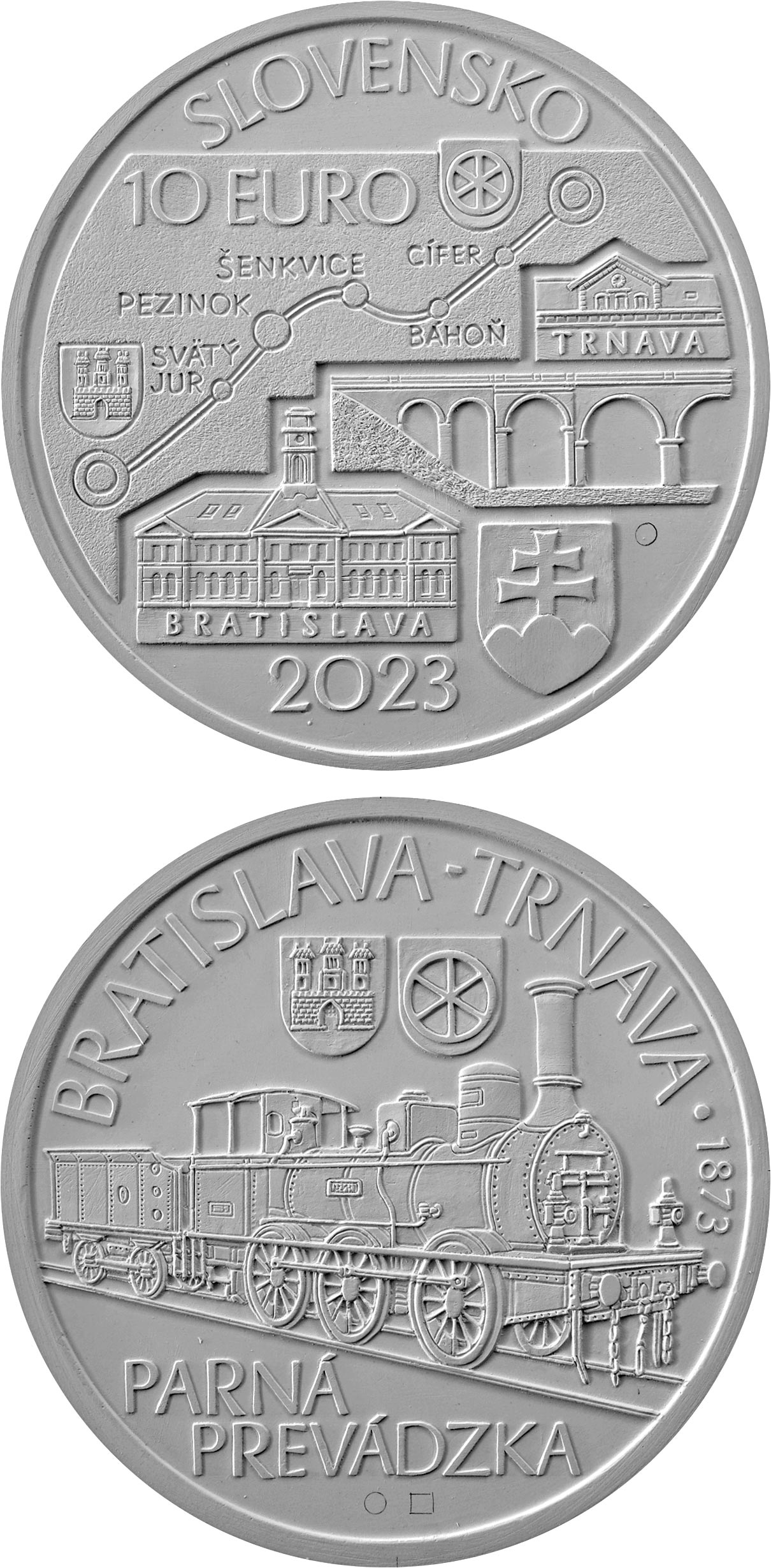 Image of 10 euro coin - 150th anniversary of the opening of the steam railway between Bratislava and Trnava | Slovakia 2023.  The Silver coin is of Proof, BU quality.