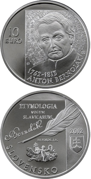 Image of 10 euro coin - Anton Bernolák - the 250th anniversary of the birth  | Slovakia 2012.  The Silver coin is of Proof, BU quality.