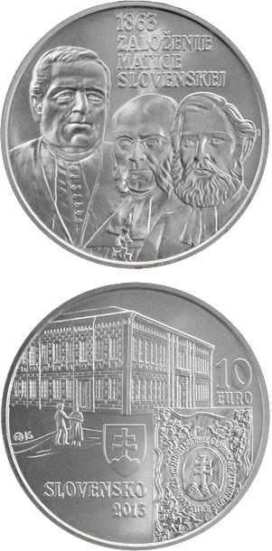 Image of 10 euro coin - Matica slovenská Cultural Association  - the 150th anniversary of the founding  | Slovakia 2013.  The Silver coin is of Proof, BU quality.