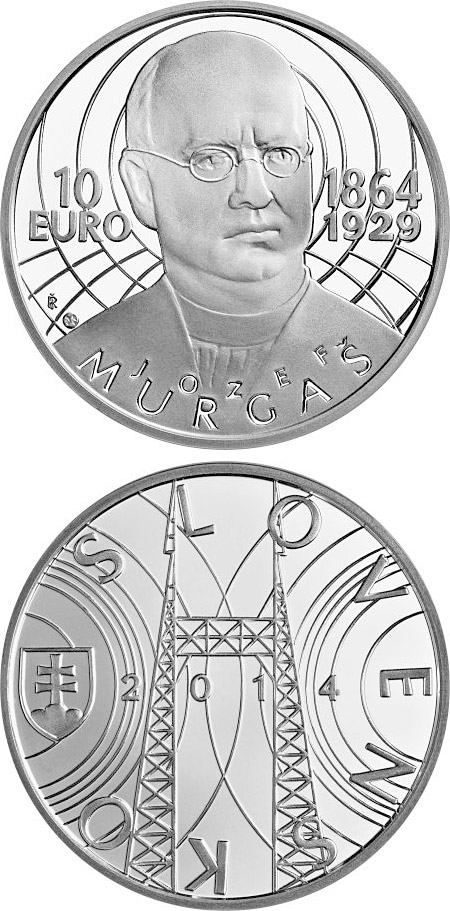 Image of 10 euro coin - Jozef Murgaš - the 150th anniversary of the birth  | Slovakia 2014.  The Silver coin is of Proof, BU quality.