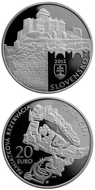 Image of 20 euro coin - Conservation Area of the Trenčín Town  | Slovakia 2012.  The Silver coin is of Proof, BU quality.