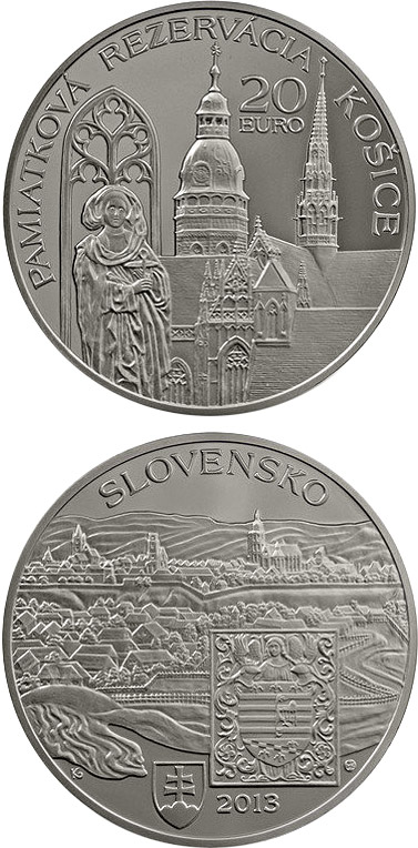 Image of 20 euro coin - Conservation Area of the Košice Town Košice - the European Capital of Culture for 2013  | Slovakia 2013.  The Silver coin is of Proof, BU quality.