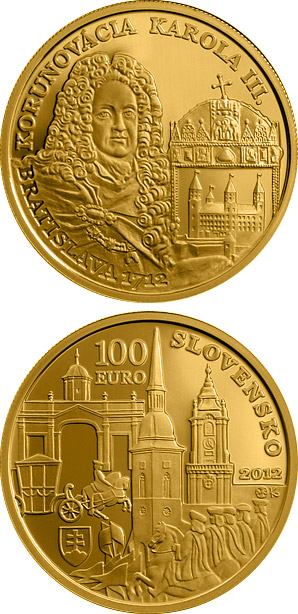 Image of 100 euro coin - Coronations in Bratislava - the 300th anniversary of the coronation of Karol III  | Slovakia 2012.  The Gold coin is of Proof quality.