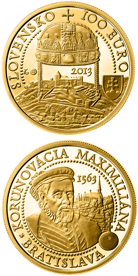 Image of 100 euro coin - Coronations in Bratislava - the 450th anniversary of the coronation of Maximilian II  | Slovakia 2013.  The Gold coin is of Proof quality.