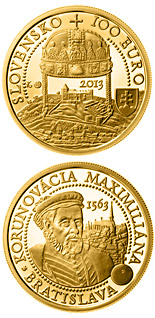 100 euro coin Coronations in Bratislava - the 450th anniversary of the coronation of Maximilian II  | Slovakia 2013