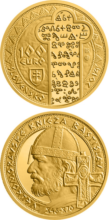 Image of 100 euro coin - Rastislav, Ruler of Great Moravia  | Slovakia 2014.  The Gold coin is of Proof quality.