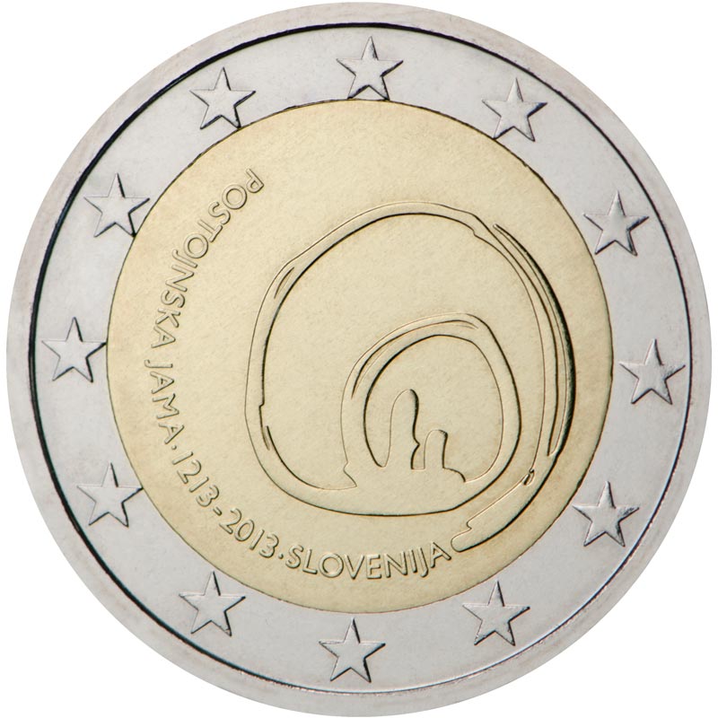 Image of 2 euro coin - 800th Anniversary of the First Visit of the Postojna Cave | Slovenia 2013