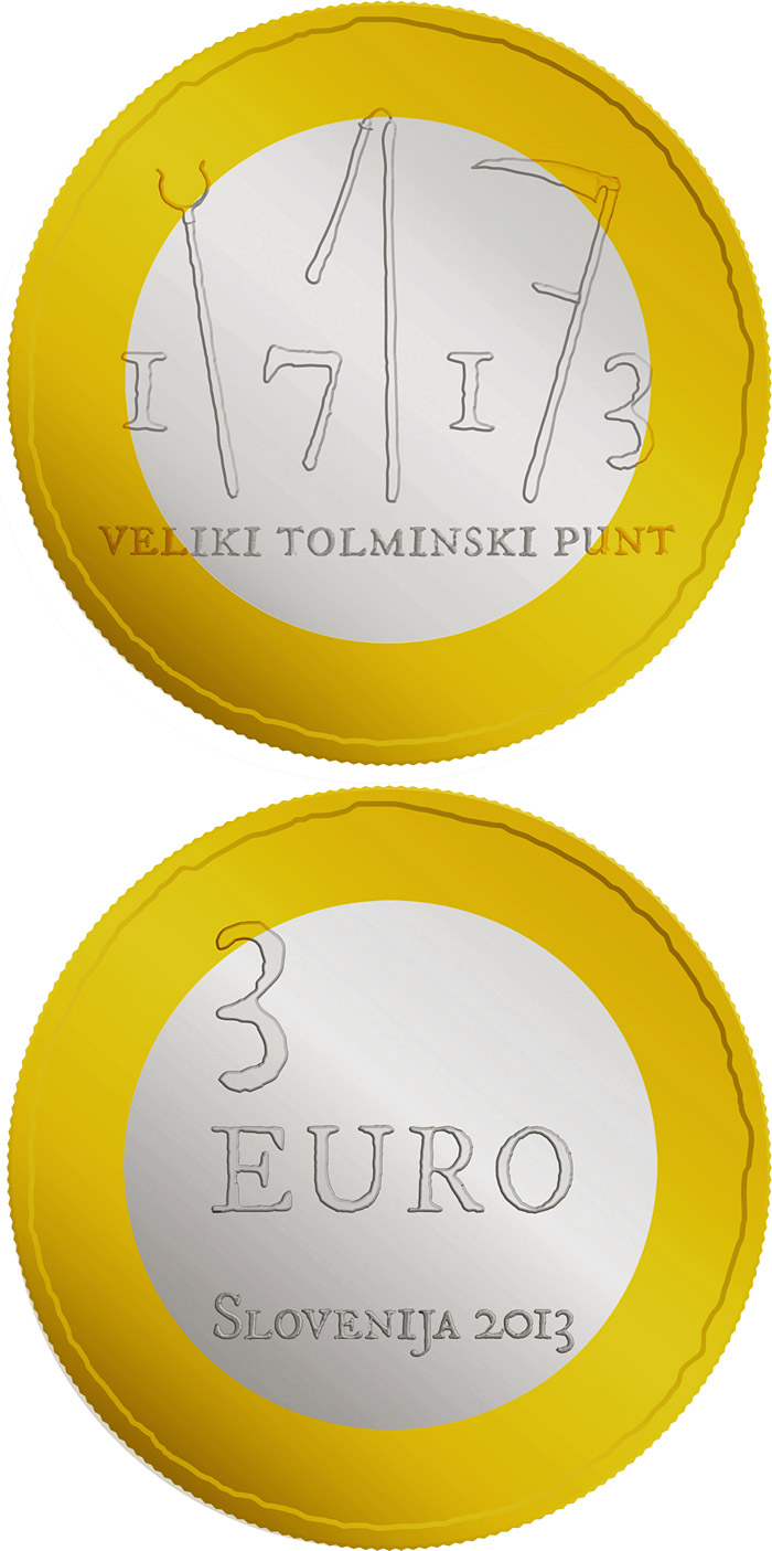 Image of 3 euro coin - 300th anniversary of the great Tolmin Peasant Uprising | Slovenia 2013.  The Bimetal: CuNi, nordic gold coin is of UNC quality.
