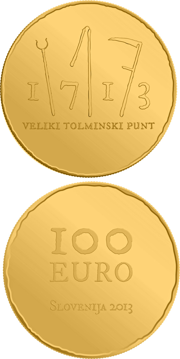 Image of 100 euro coin - 300th anniversary of the great Tolmin Peasant Uprising | Slovenia 2013.  The Gold coin is of Proof quality.