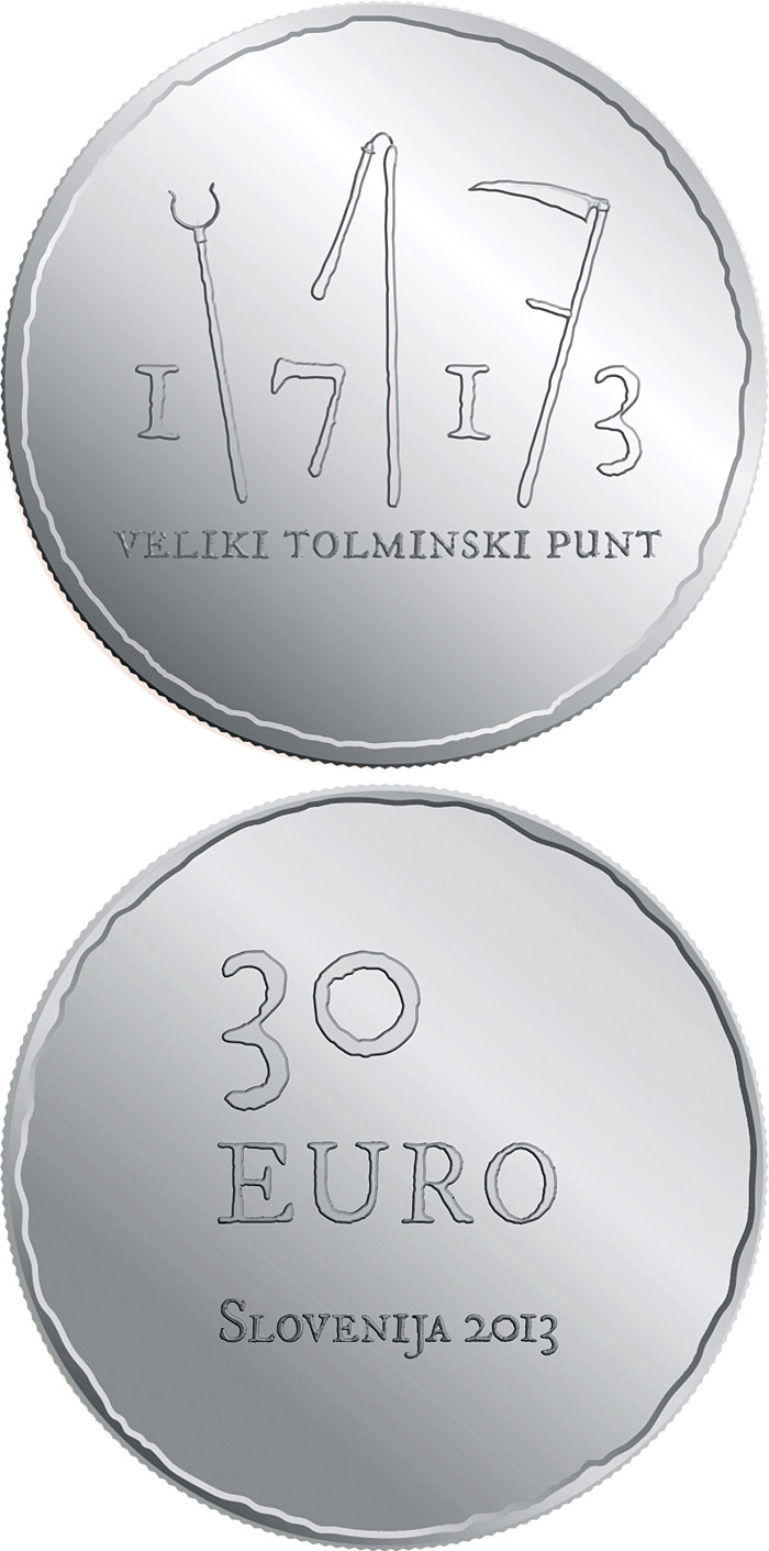Image of 30 euro coin - 300th anniversary of the great Tolmin Peasant Uprising | Slovenia 2013.  The Silver coin is of Proof quality.