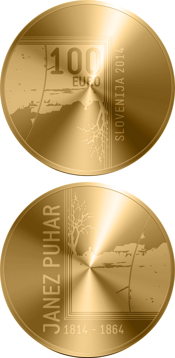 Image of 100 euro coin - 200th Anniversary of the Birth of the Photographer Janez Puhar | Slovenia 2014.  The Gold coin is of Proof quality.