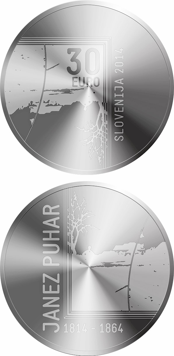 Image of 30 euro coin - 200th Anniversary of the Birth of the Photographer Janez Puhar | Slovenia 2014.  The Silver coin is of Proof quality.