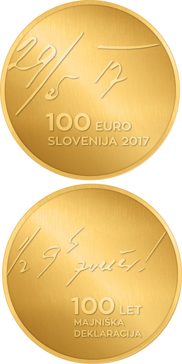 Image of 100 euro coin - 100th anniversary of the May Declaration | Slovenia 2017.  The Gold coin is of Proof quality.
