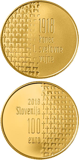 Image of 100 euro coin - 100th Anniversary of the End of the First World War | Slovenia 2018.  The Gold coin is of Proof quality.