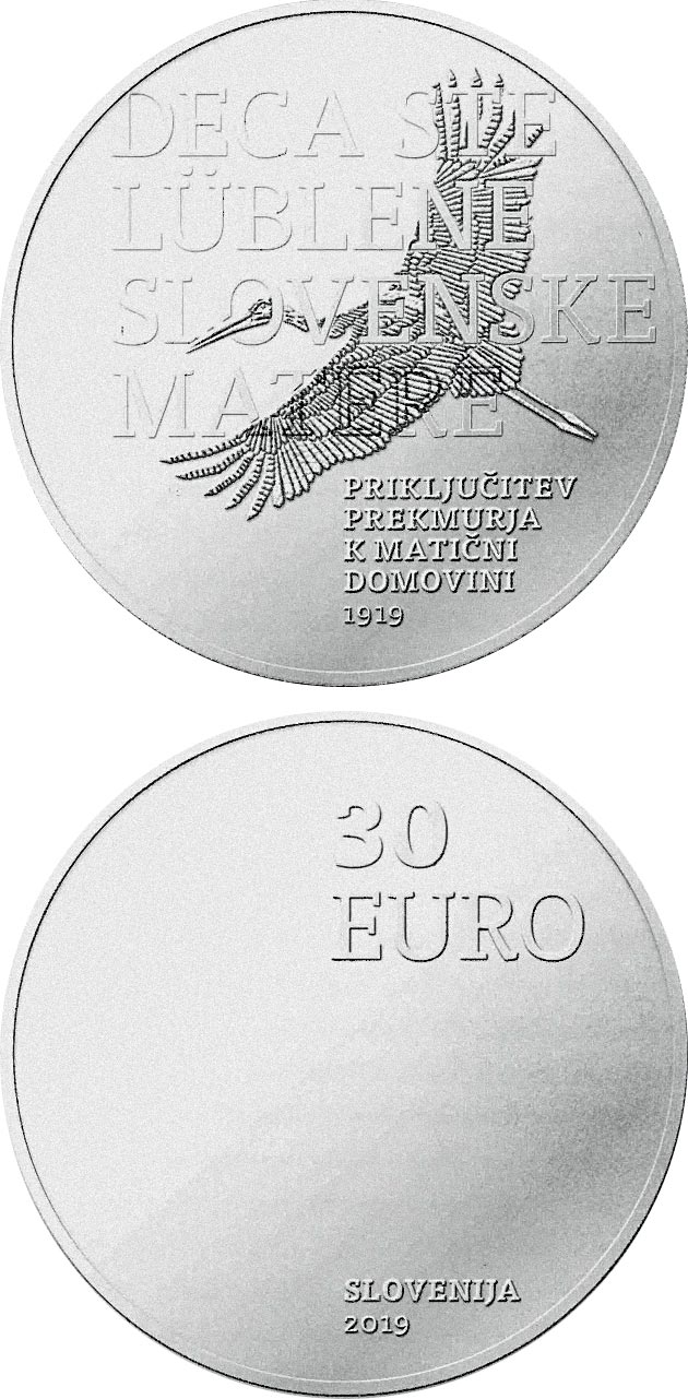 Image of 30 euro coin - 100th anniversary of joining Prekmurje region with its motherland | Slovenia 2019.  The Silver coin is of Proof quality.