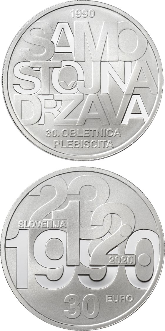 Image of 30 euro coin - 30th anniversary of plebiscite on sovereignty and independence of the Republic of Slovenia | Slovenia 2020.  The Silver coin is of Proof quality.